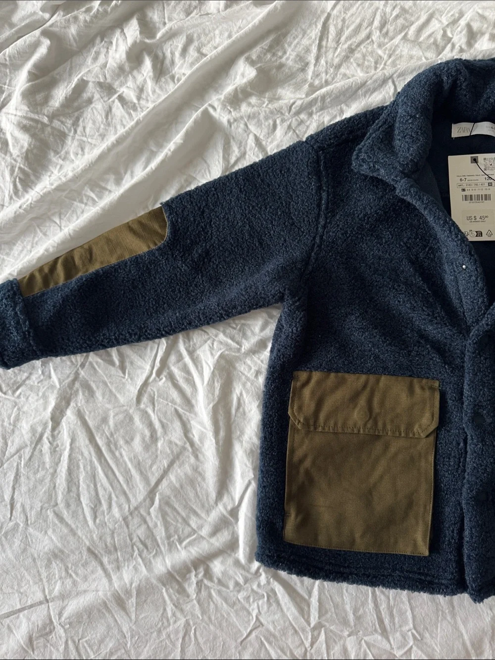ZARA Kids Navy Sherpa Jacket with Contrast Tan Pockets NWT size 6-7
